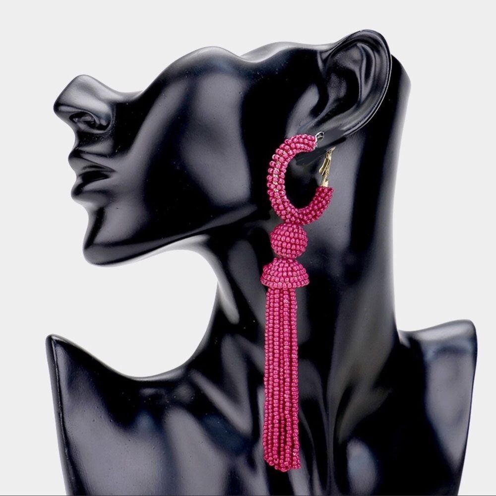 Fuchsia Long Drop Seed Beaded Tassel Earrings